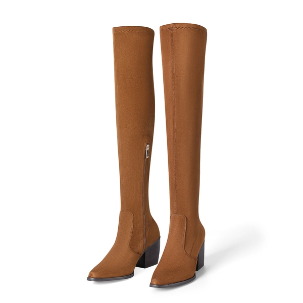 Pointed Toe Thigh High Boots - BROWN SUEDE - 3